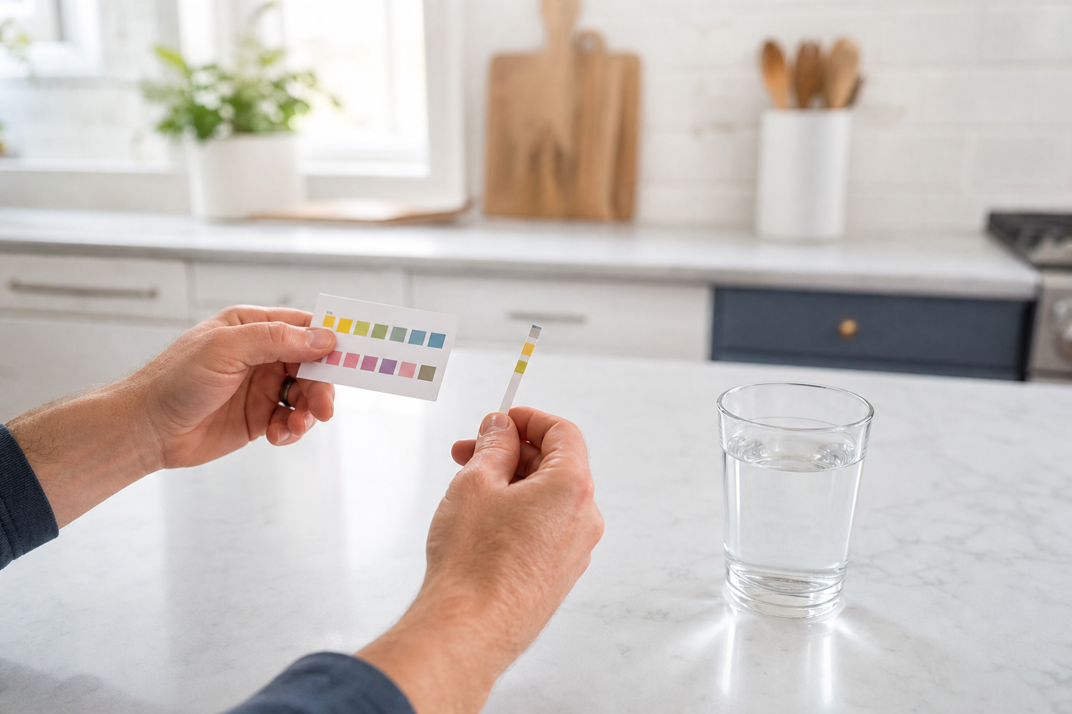 Homeowner comparing a water hardness test strip to a color chart beside a clear kitchen glass
