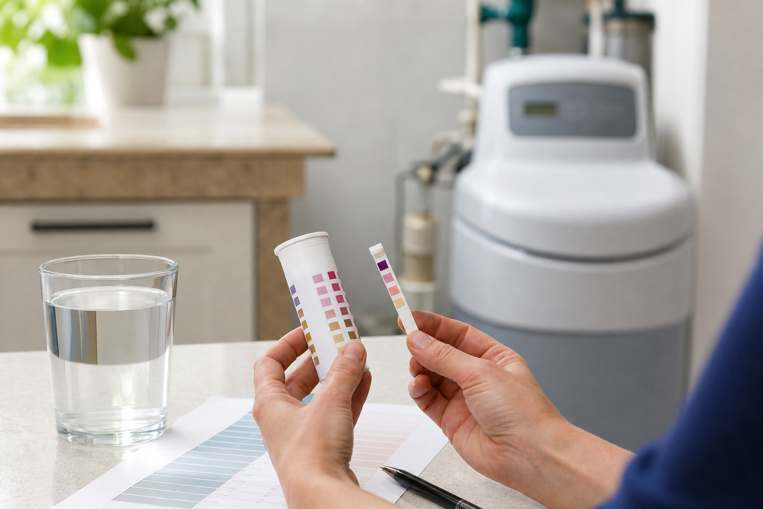 Water hardness test strip used before setting a home water softener