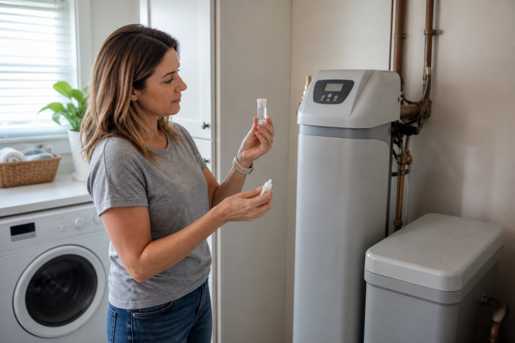 Homeowner comparing a water hardness test with a residential water softener in a utility room