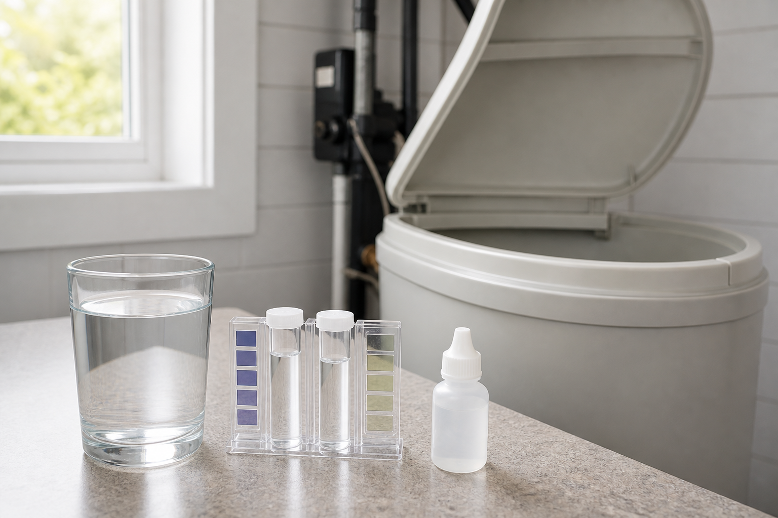Water hardness drop test beside an unbranded water softener brine tank