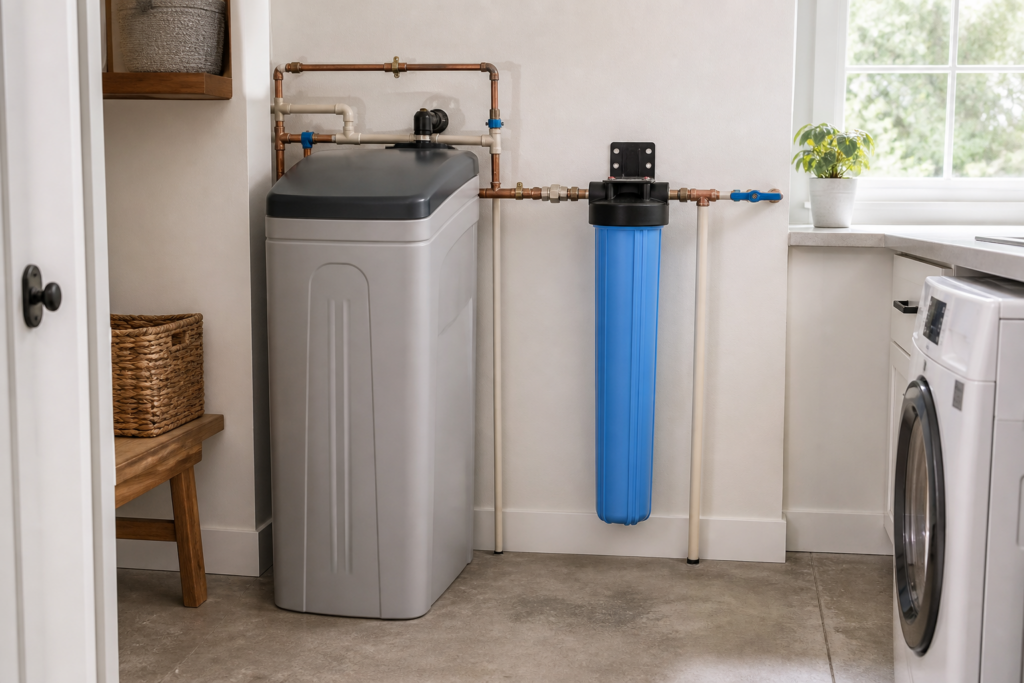 Water softener and whole-house water filter in a home utility room