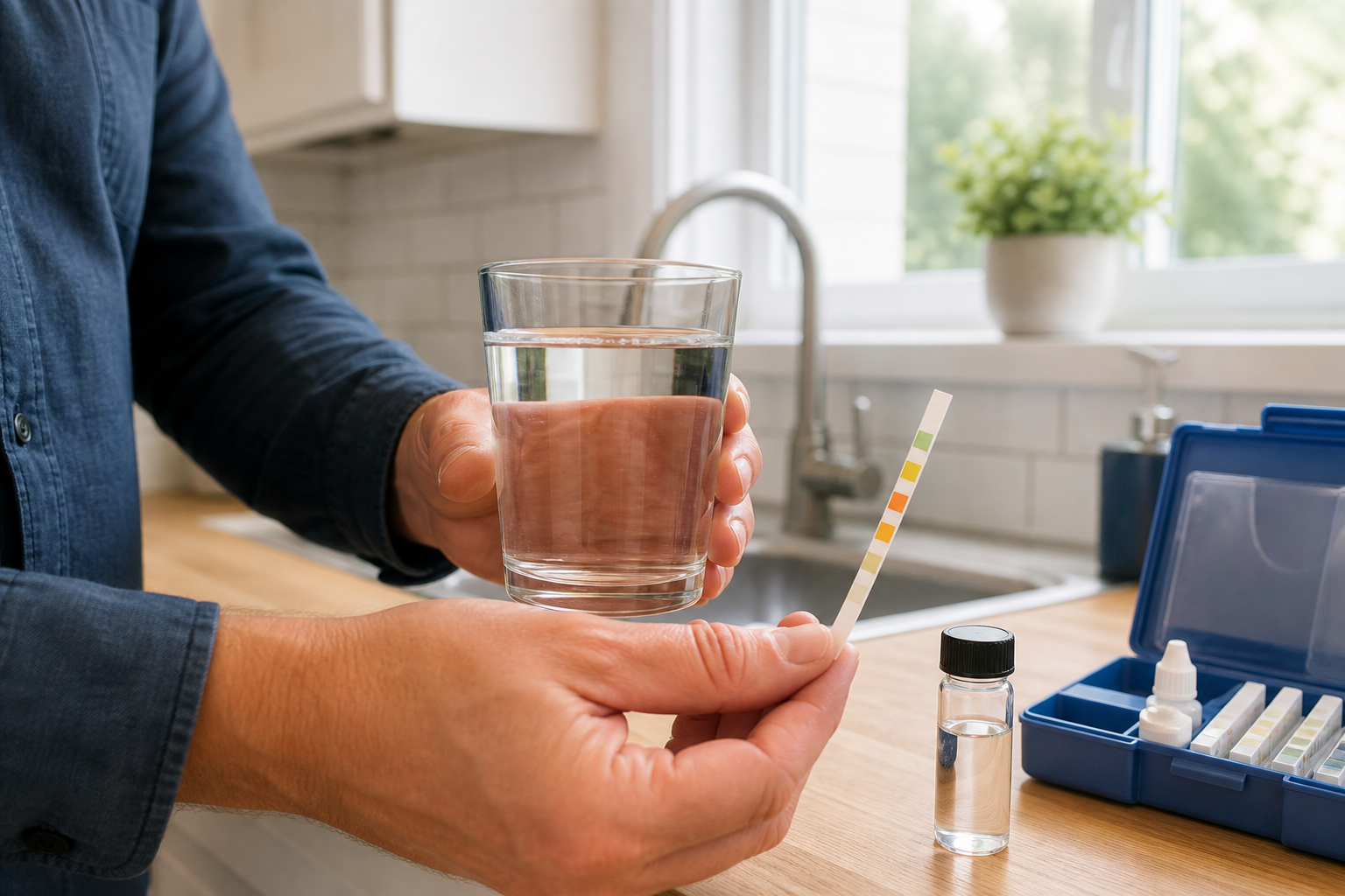 Homeowner comparing a private-well water sample with a hardness test result