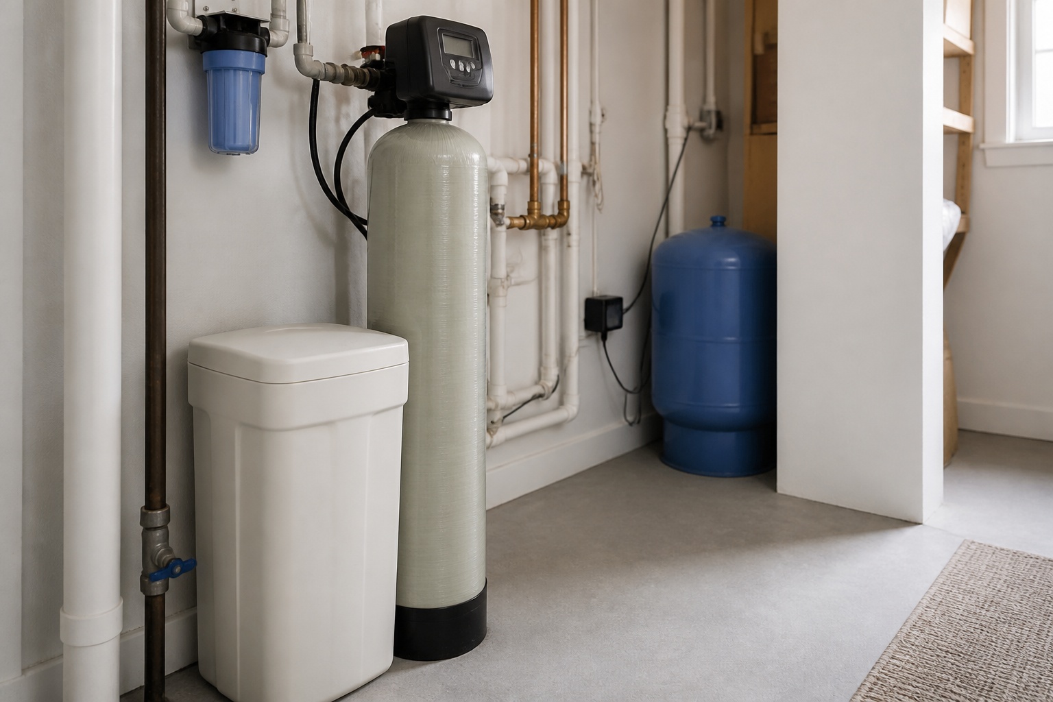 Unbranded whole-home water softener and treatment equipment in a clean utility room