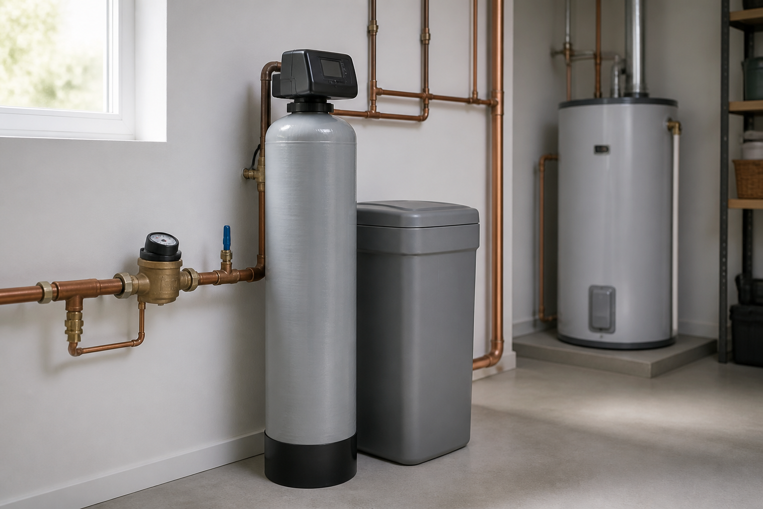 Unbranded whole-home water softener beside a water meter and plumbing in a clean residential utility room