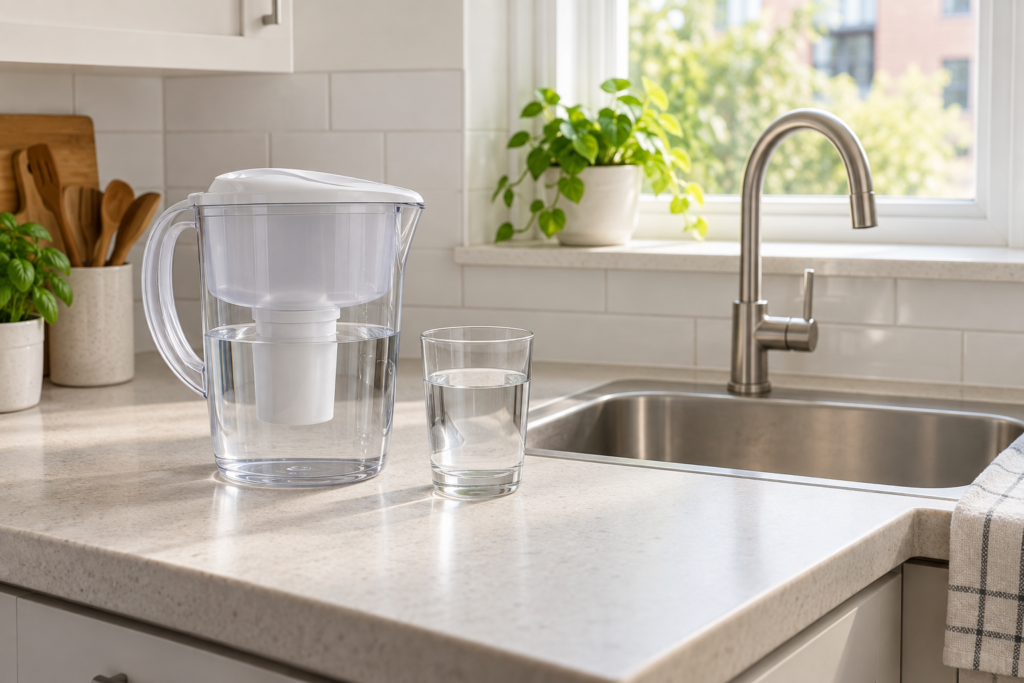 Water filter pitcher and drinking glass on a compact kitchen counter beside a sink