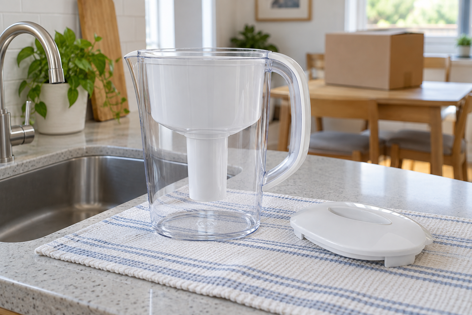 Empty filter pitcher with its lid on a drying towel and a moving box in the background