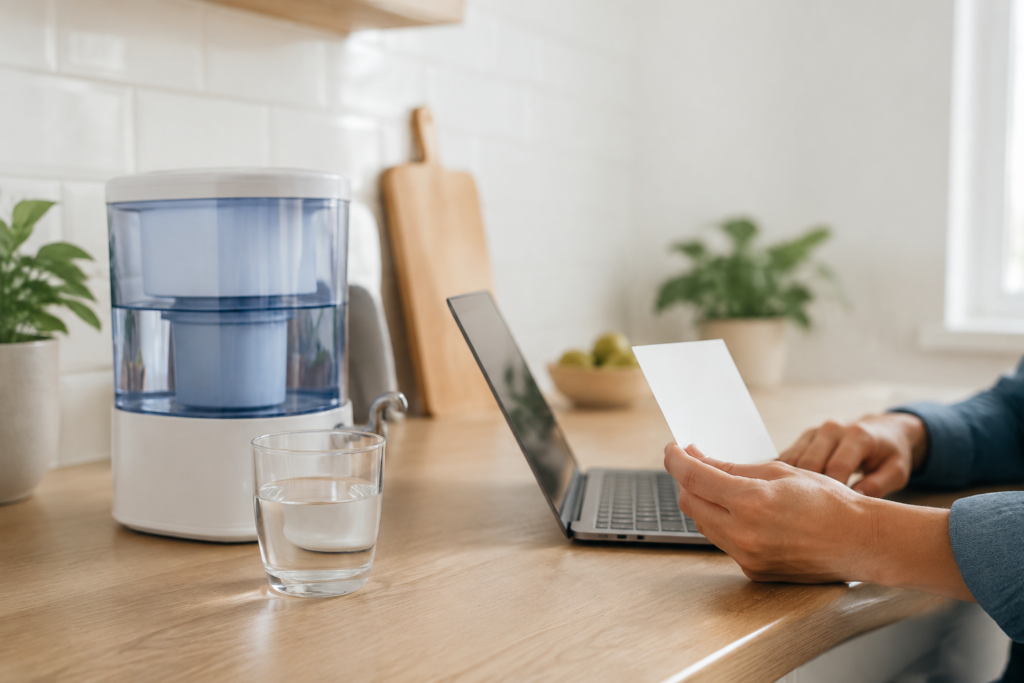 Homeowner comparing a water filter product label beside a glass of drinking water in a bright kitchen