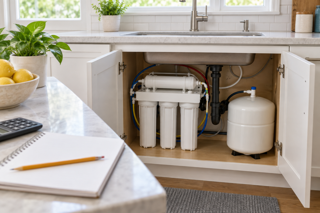 Unbranded point-of-use reverse osmosis system in a bright kitchen cabinet beside a blank cost-planning notebook