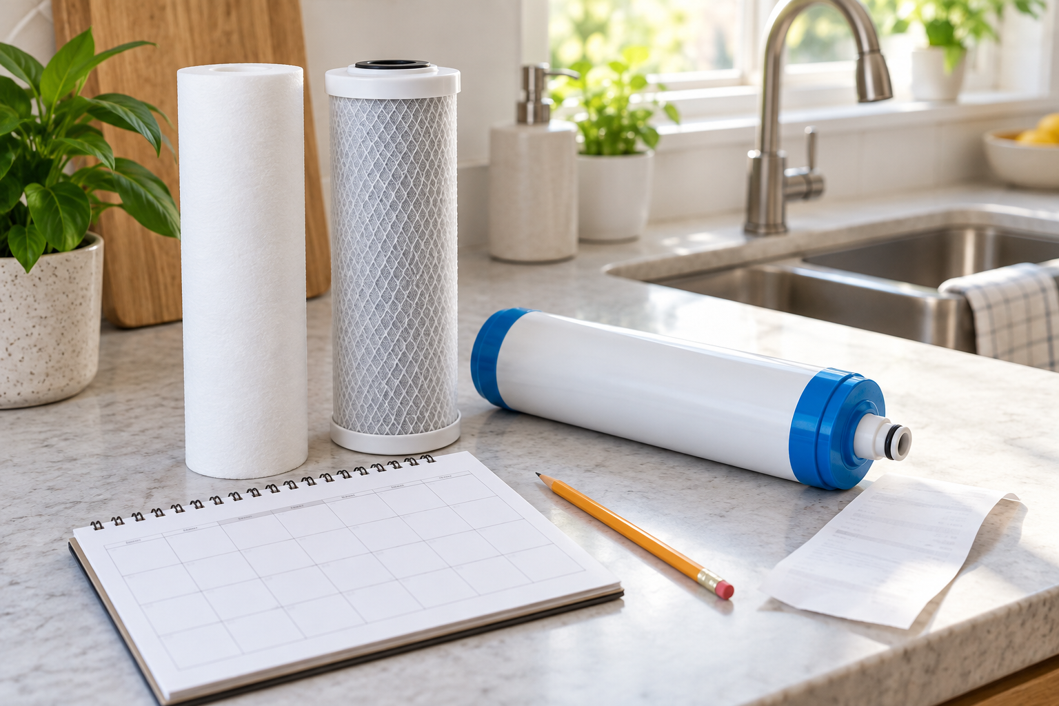 Unbranded reverse osmosis replacement cartridges beside a blank calendar, pencil, and receipt in a bright kitchen workspace