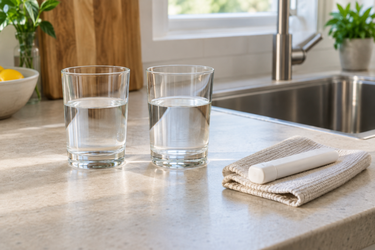 Two water samples in clear glasses beside a handheld meter on a clean kitchen counter