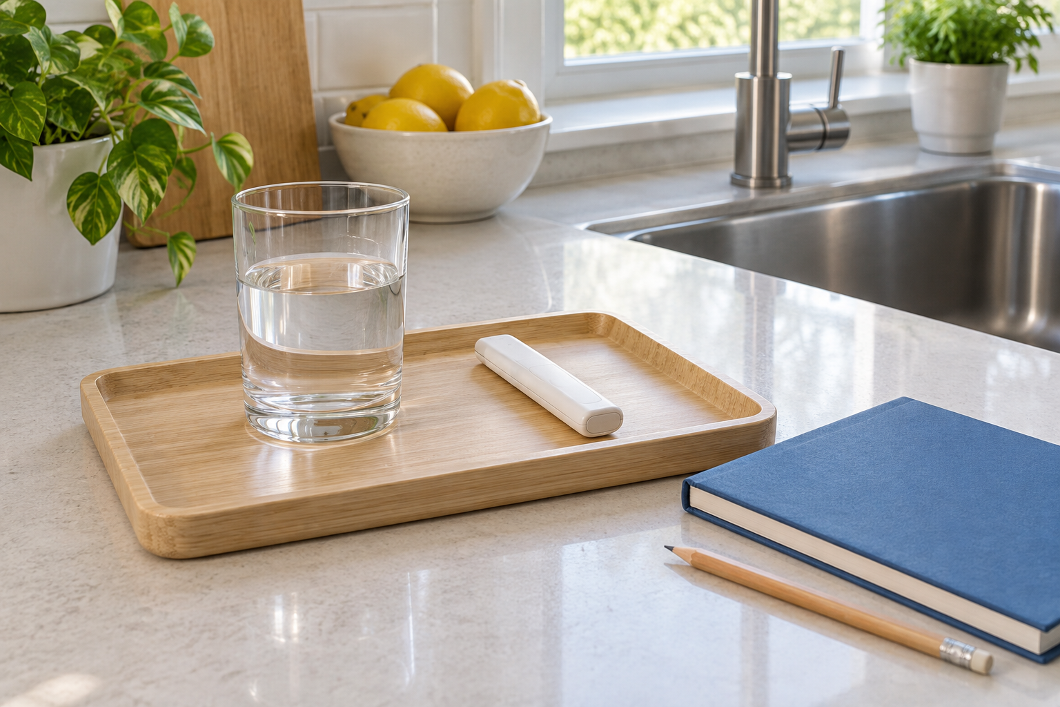 Water sample and handheld meter on a tray beside a plain notebook for recording readings