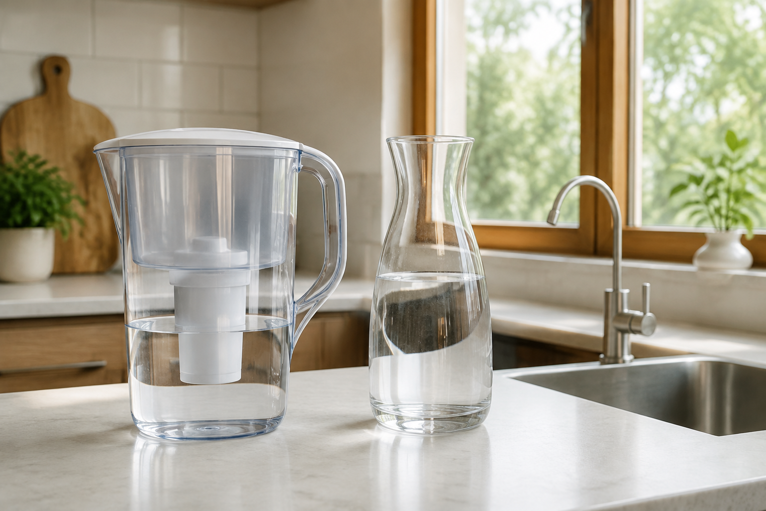 Unbranded countertop carbon-filter pitcher and water carafe beside a kitchen faucet