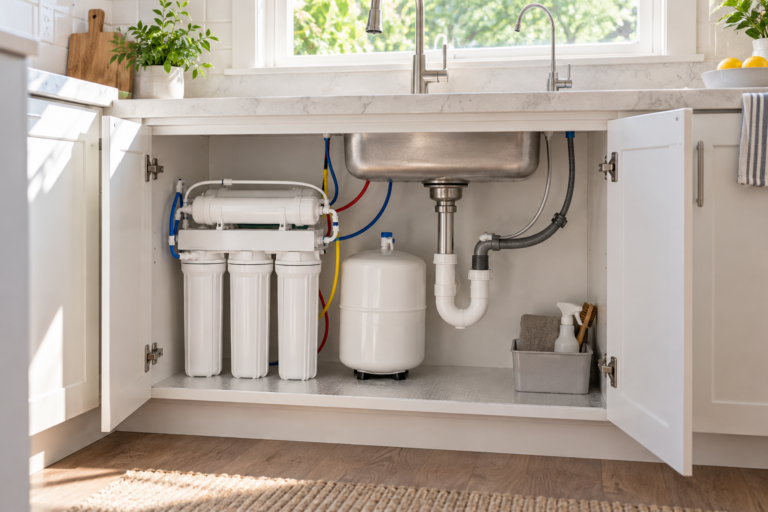 Unbranded reverse osmosis system with a storage tank and drain connection in a bright kitchen cabinet