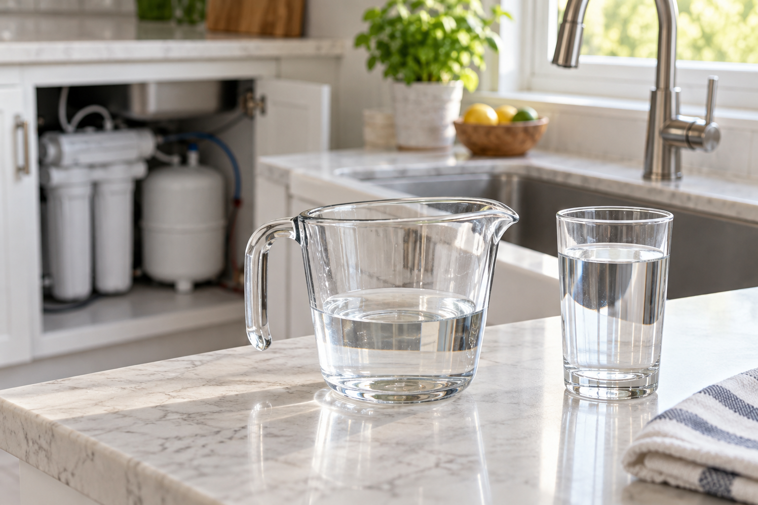 Clear measuring jug and drinking glass in a bright kitchen with an unbranded reverse osmosis system softly visible in the background