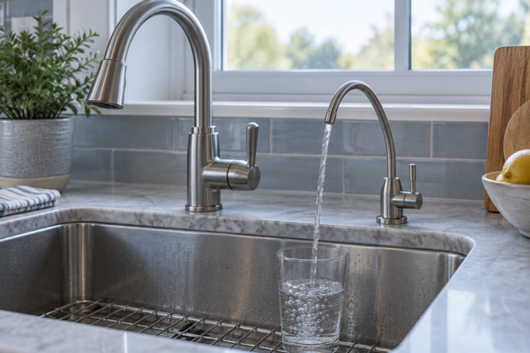 A thin stream from a dedicated drinking-water faucet above a kitchen sink