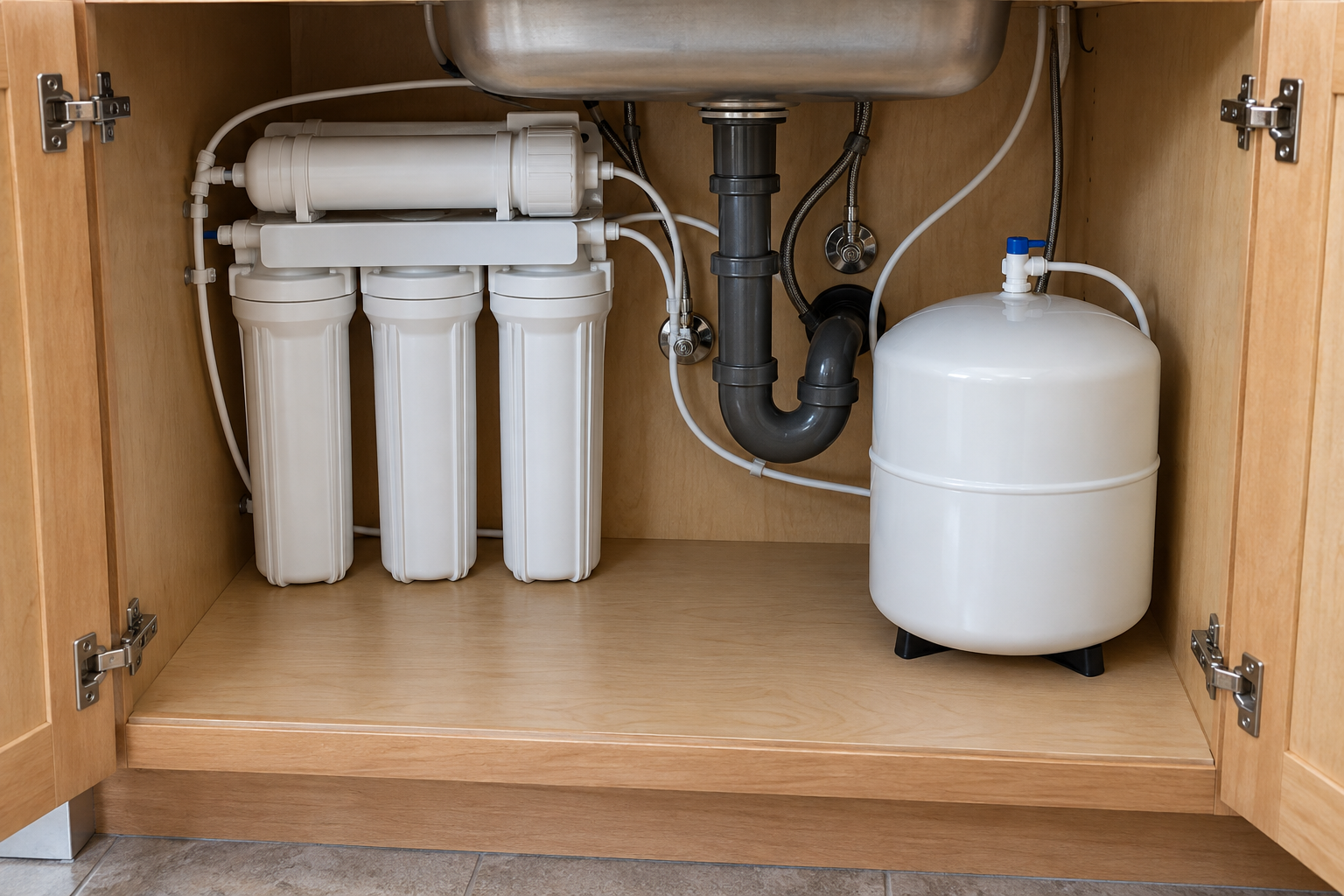An under-sink RO system with visible tubing and clear space for visual inspection