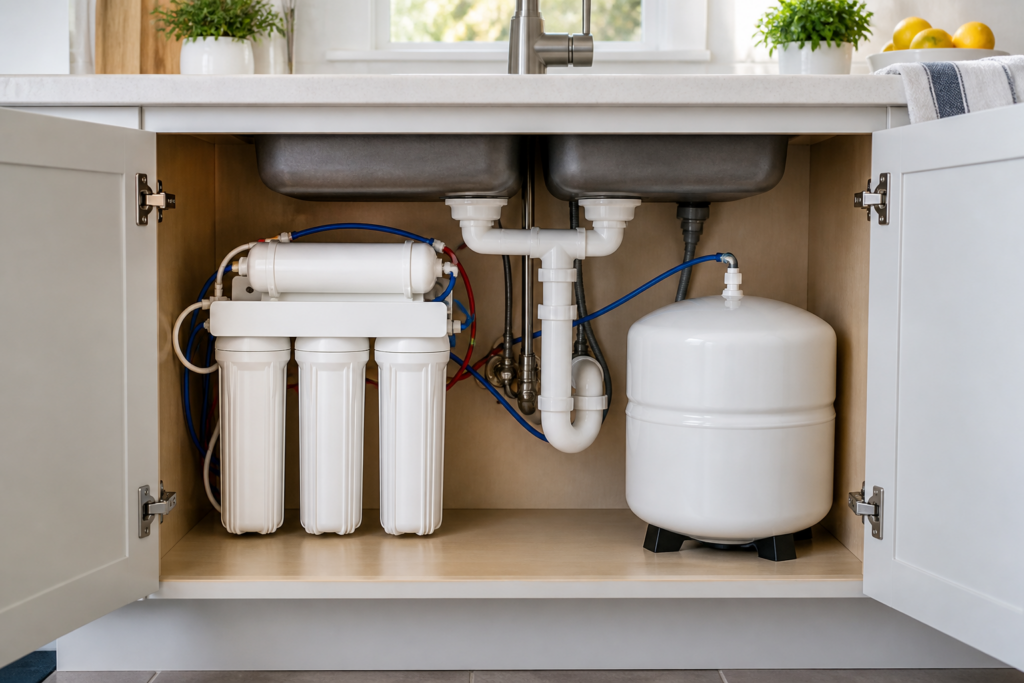 Unbranded reverse osmosis system with a compact storage tank installed in a clean, bright kitchen sink cabinet