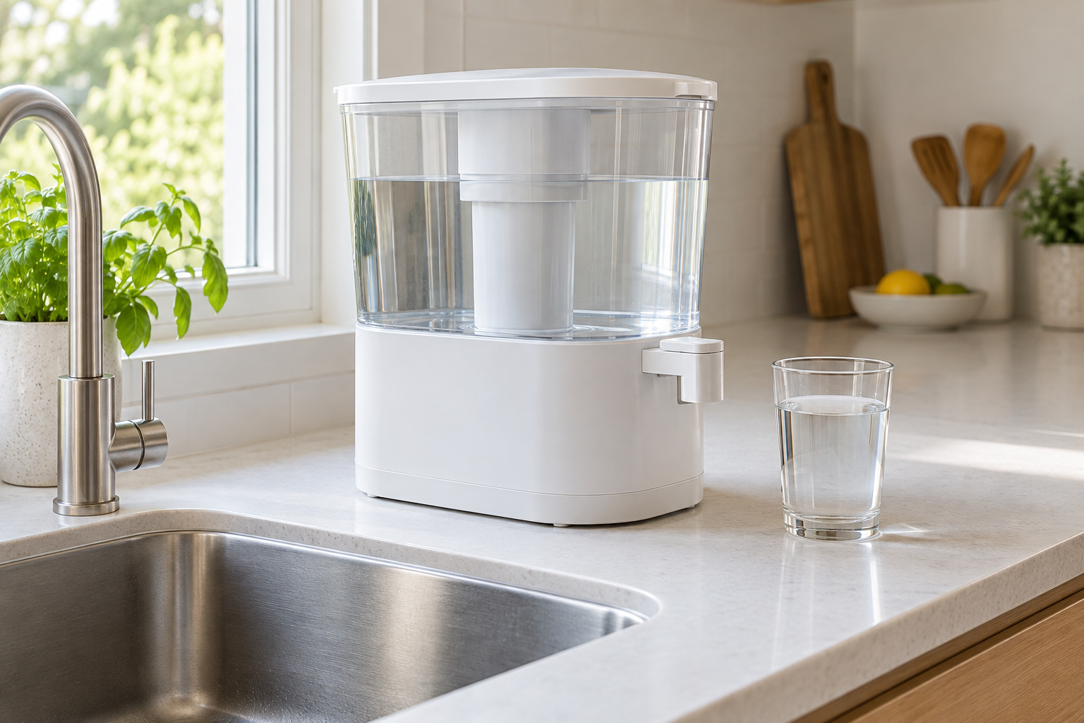 Unbranded countertop water filter with a removable clear reservoir on a tidy kitchen counter beside a sink, no labels or text