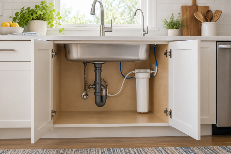 Compact under-sink water filtration system beneath a bright kitchen sink, with clear cabinet space and a separate drinking-water faucet