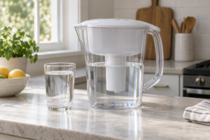 Water filter pitcher and a glass of water on a bright kitchen counter.