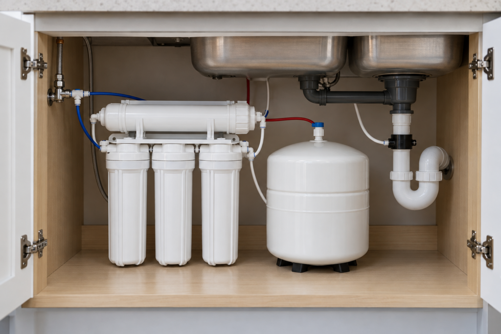 Under-sink reverse osmosis unit with cartridges and storage tank