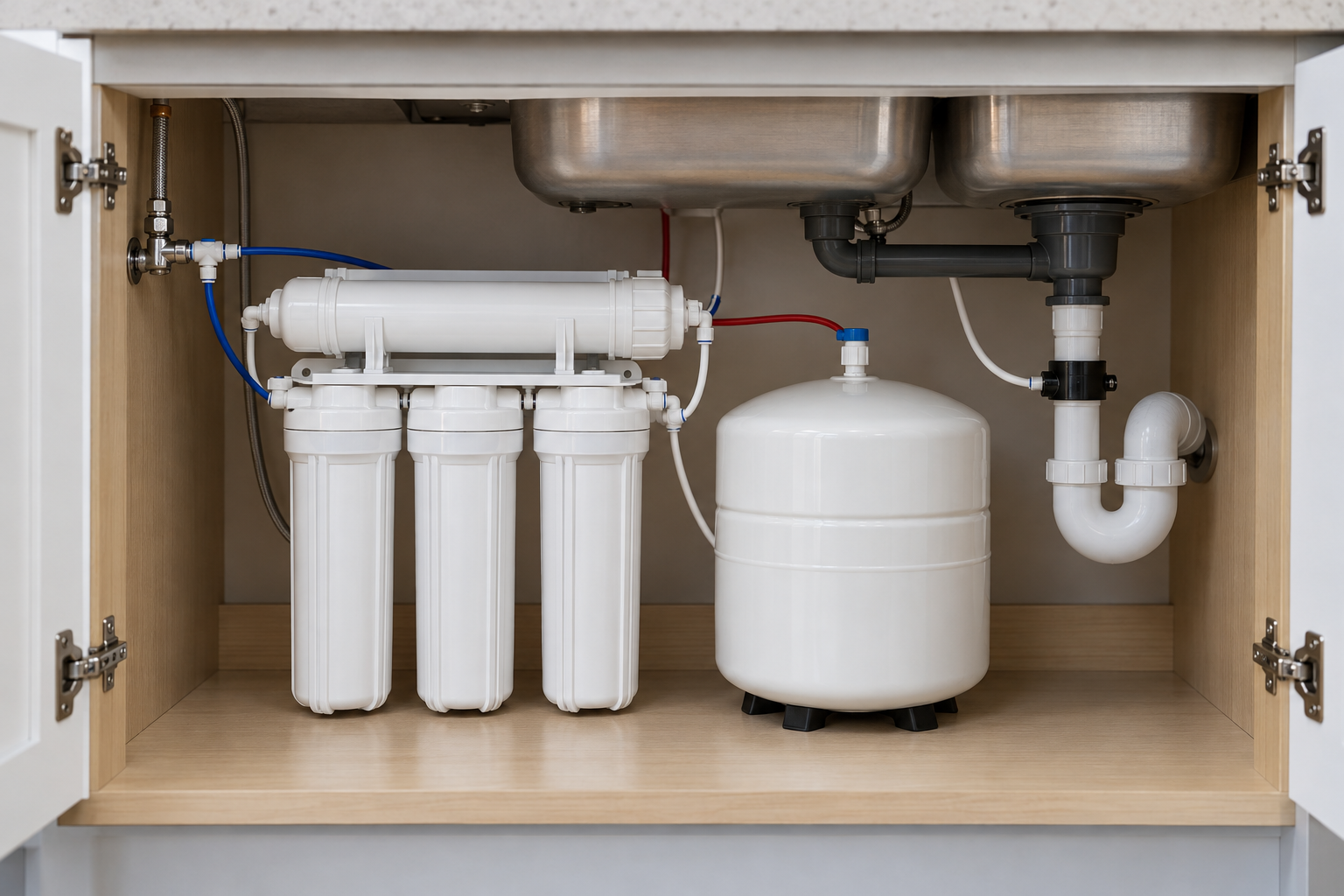 Under-sink reverse osmosis unit with cartridges and storage tank