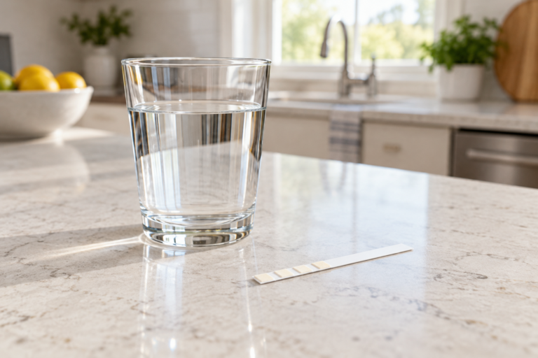 Glass of water and a generic test strip on a bright counter