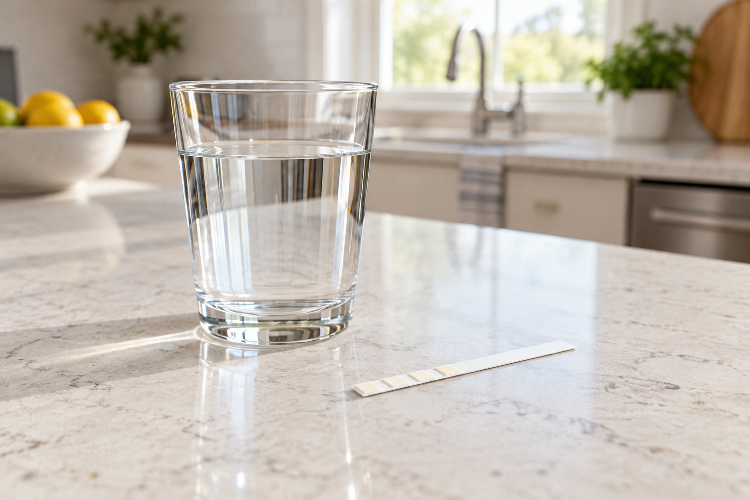 Glass of water and a generic test strip on a bright counter