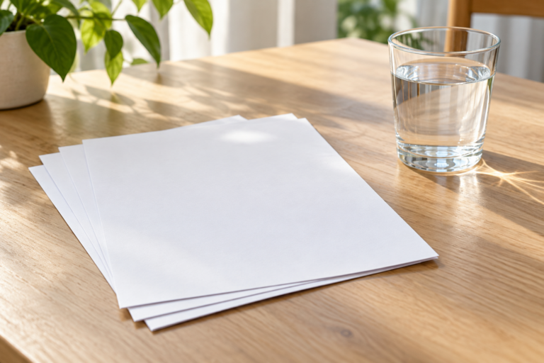 Glass of water beside blank report papers on a bright table