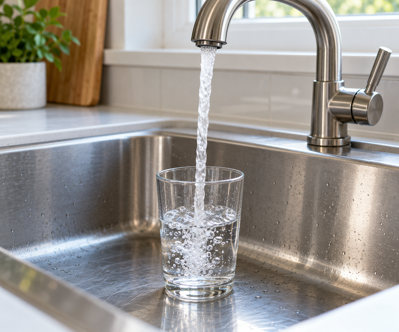 Kitchen faucet filling a drinking glass in a sink