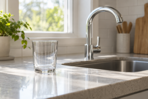 Clear drinking glass on a bright kitchen counter beside a chrome faucet.