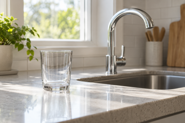 Clear drinking glass on a bright kitchen counter beside a chrome faucet.