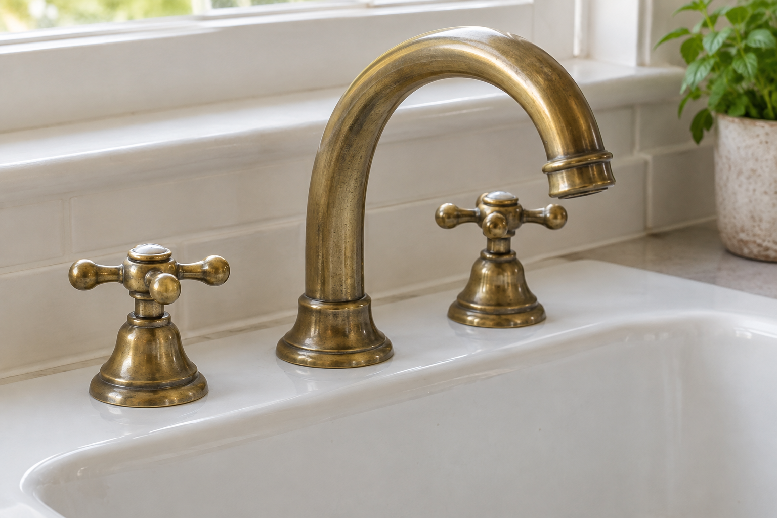 Aged brass faucet and two handles mounted on a white sink deck.