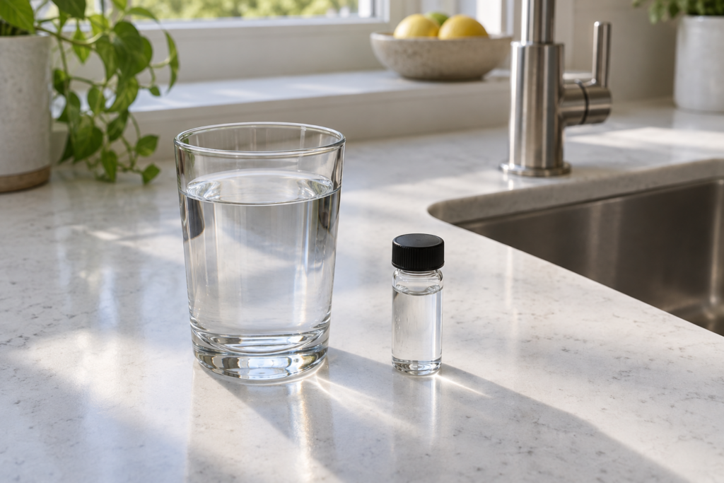 An unbranded glass of water and a plain sample vial on a bright kitchen counter beside a stainless faucet