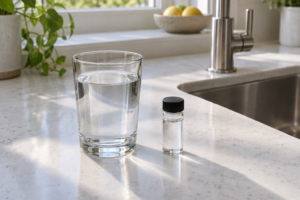 An unbranded glass of water and a plain sample vial on a bright kitchen counter beside a stainless faucet