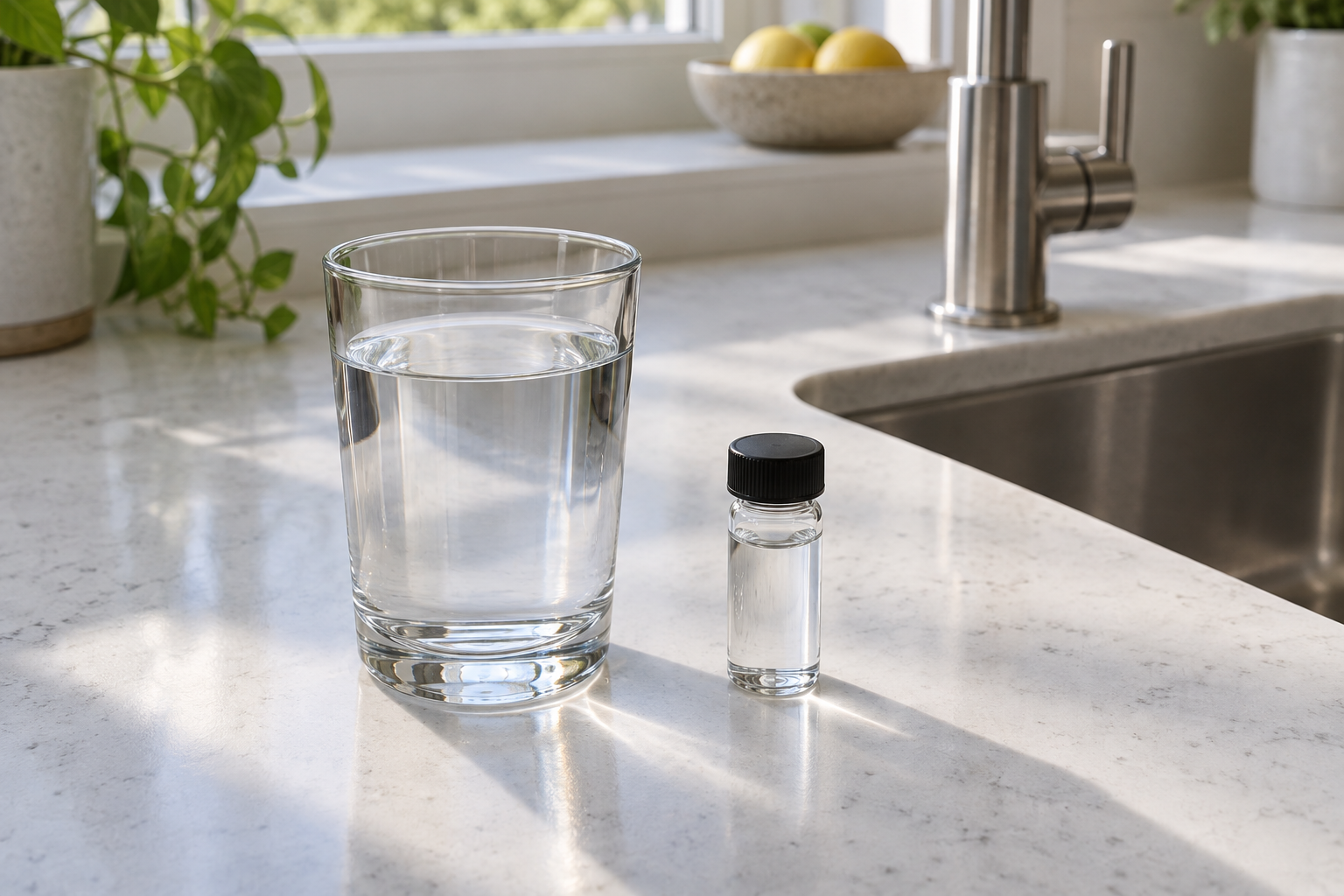 An unbranded glass of water and a plain sample vial on a bright kitchen counter beside a stainless faucet