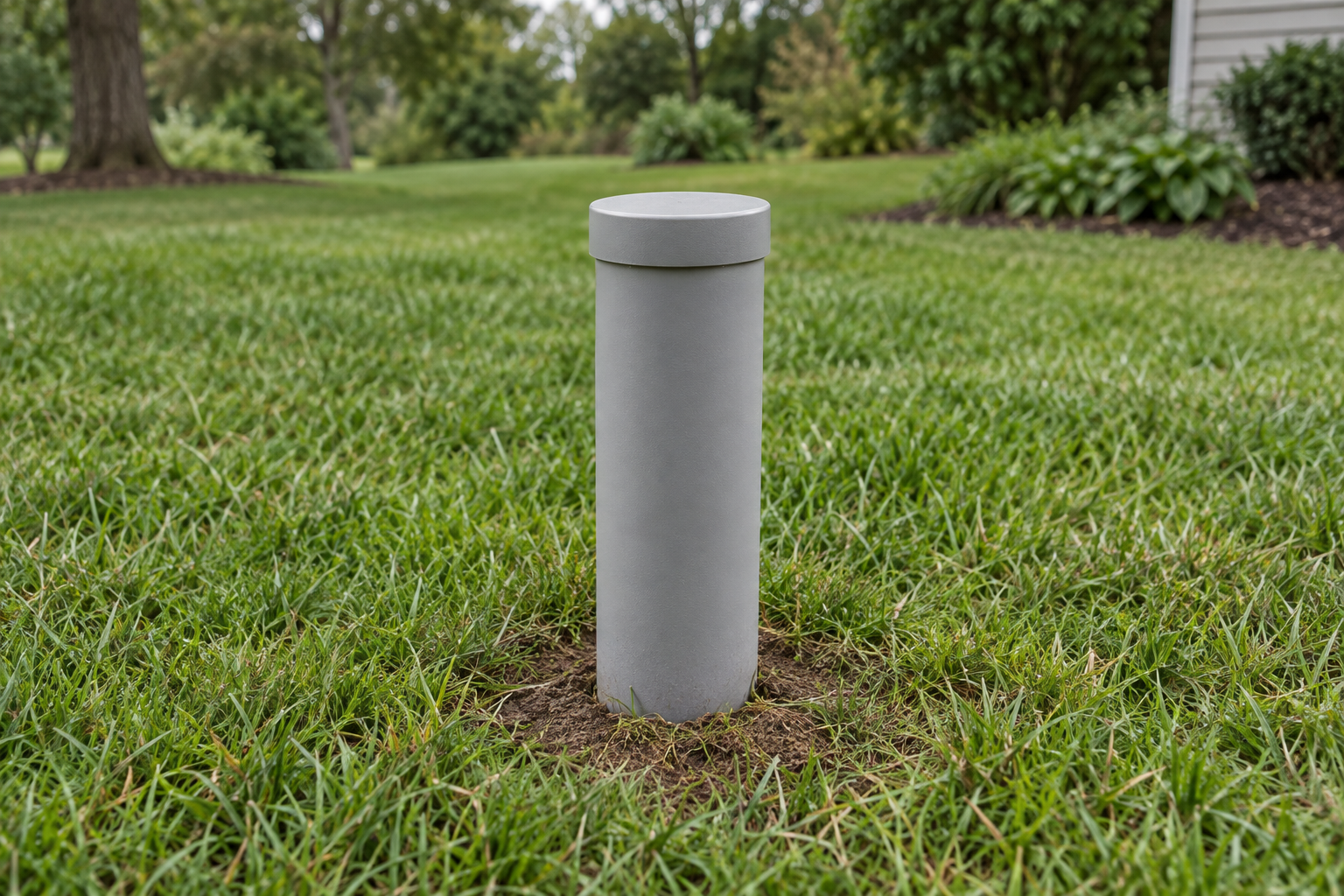 A plain unbranded well casing pipe with a flat cap emerging from a green lawn