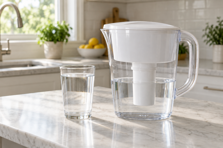 Unbranded water filter pitcher and a glass of water on a bright kitchen counter