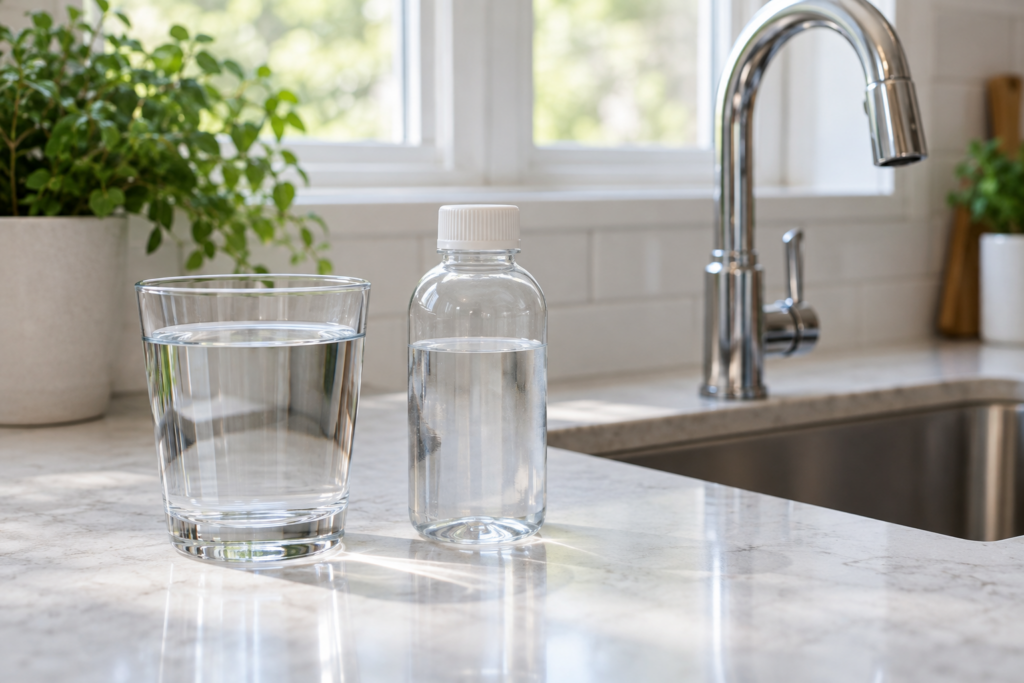 Clear glass of water and an unlabeled sampling bottle on a bright kitchen counter beside a faucet