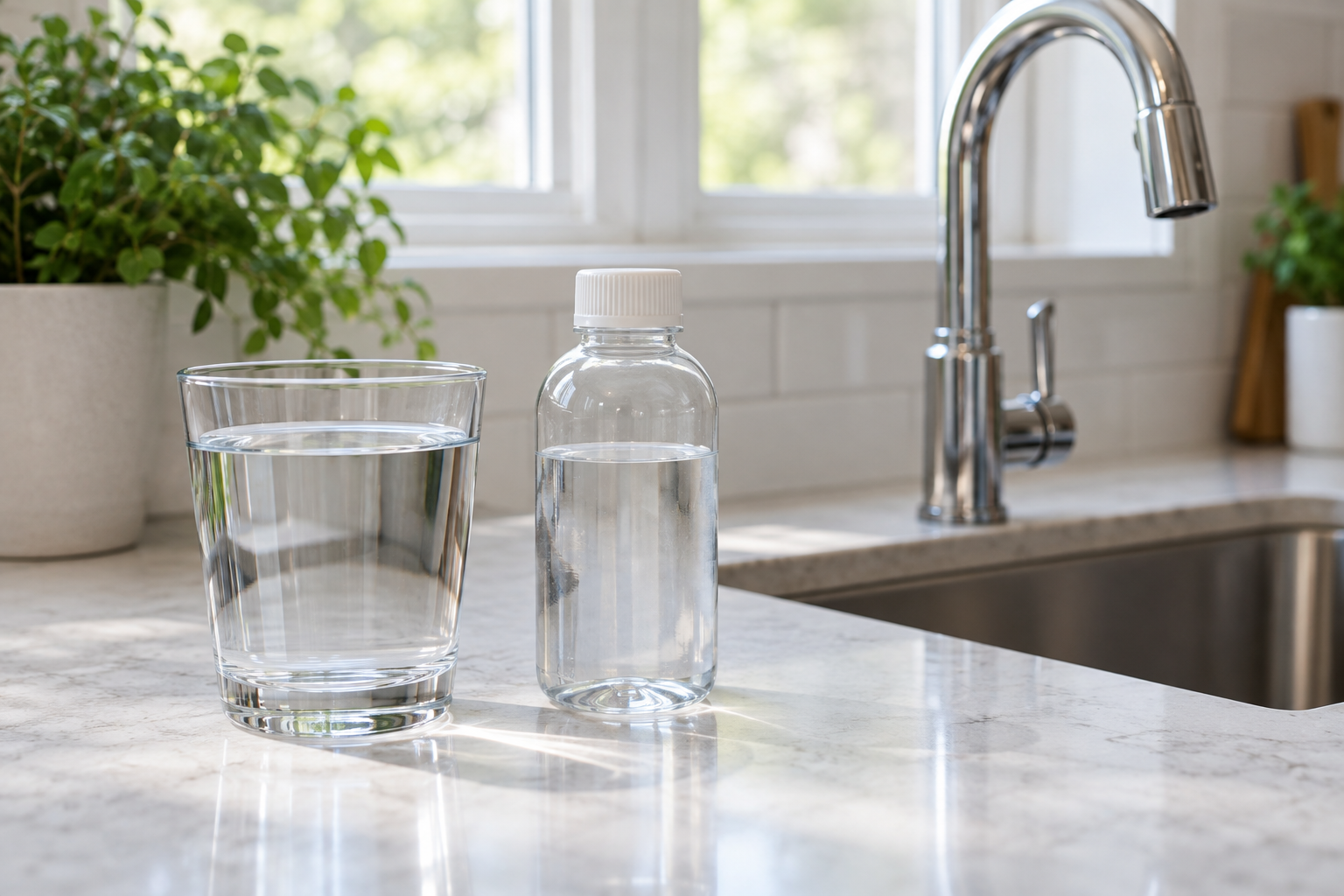 Clear glass of water and an unlabeled sampling bottle on a bright kitchen counter beside a faucet