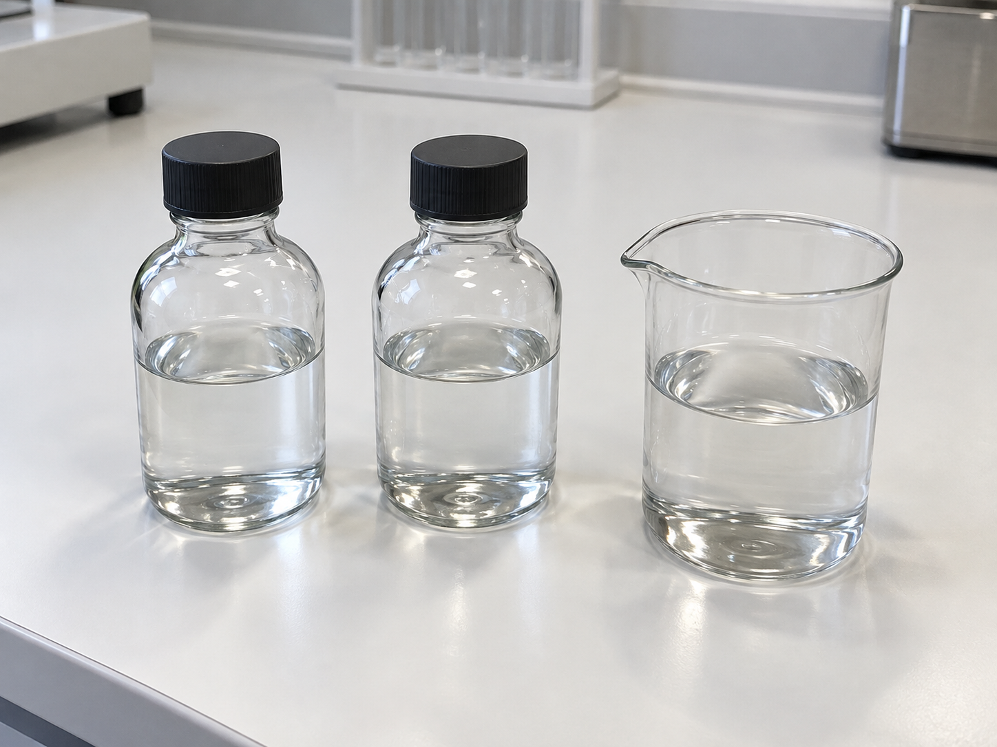 Two unlabeled sample bottles and a beaker of water on a clean laboratory bench